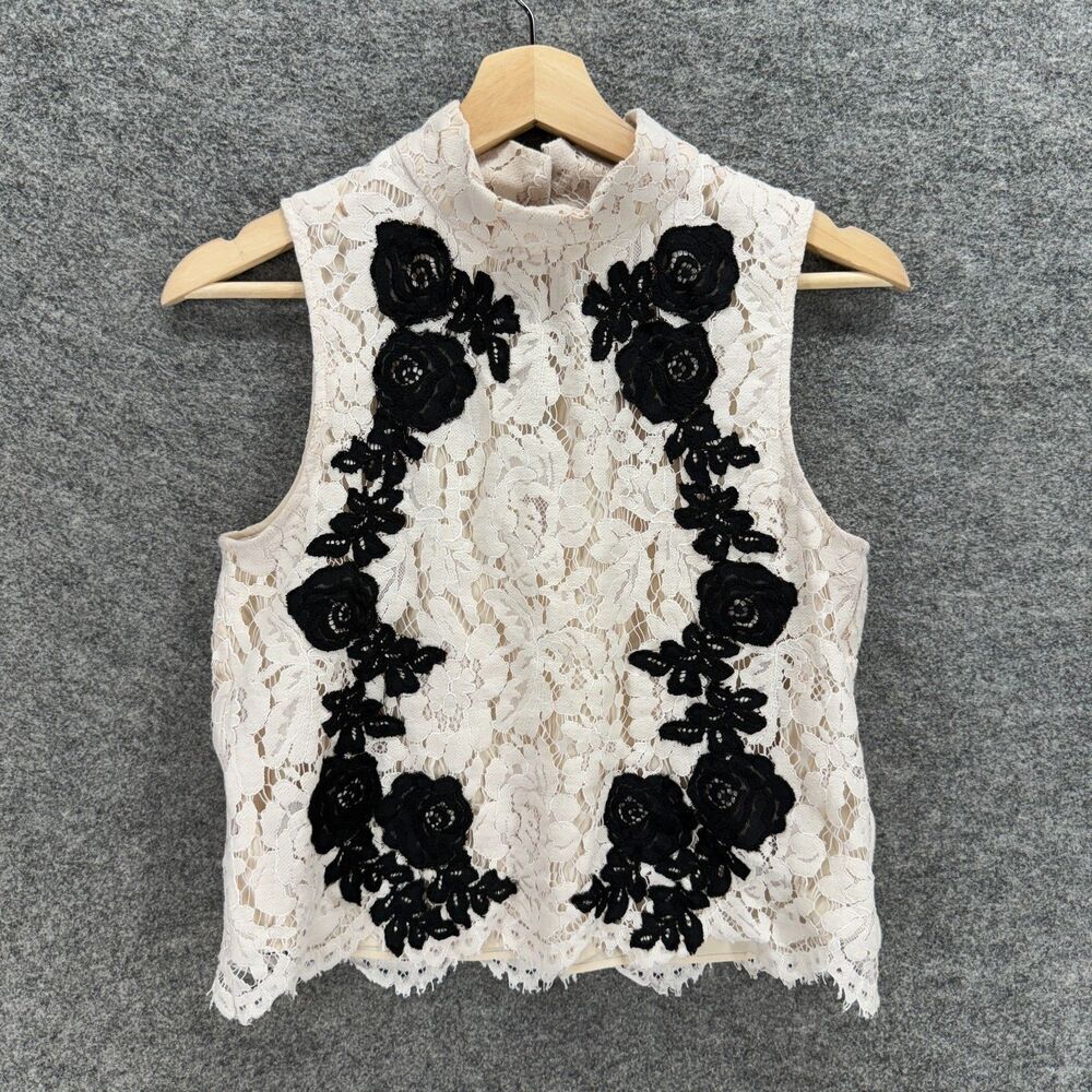 Saylor Blouse Women S Small Beige Floral Crochet Sleeveless Wide Strap Hook&Eye